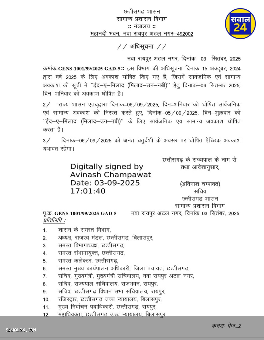 छत्तीसगढ़ सरकार ने संशोधित की छुट्टियों की सूची, अब 5 सितंबर को रहेगा मिलाद-उन-नबी का अवकाश