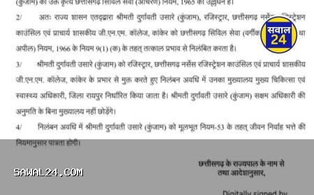 छत्तीसगढ़ नर्सिंग काउंसिल में बड़ा एक्शन: रजिस्ट्रार दुर्गावती कुंजाम सस्पेंड, यूनियन ने भ्रष्टाचार में लिप्त अधिकारियों पर भी कार्रवाई की उठाई मांग