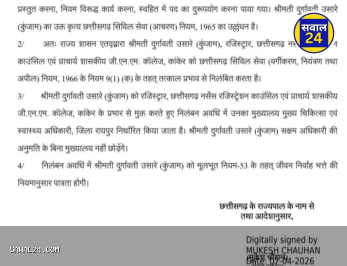 छत्तीसगढ़ नर्सिंग काउंसिल में बड़ा एक्शन: रजिस्ट्रार दुर्गावती कुंजाम सस्पेंड, यूनियन ने भ्रष्टाचार में लिप्त अधिकारियों पर भी कार्रवाई की उठाई मांग